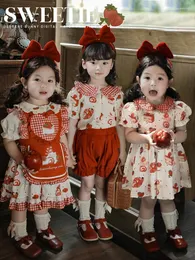 Clothing Sets Girls' Idyllic Dress Suit 2024 Summer Casual Children's Strawberry Rabbit Print Shirt Trend