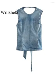 Kvinnor tankar willshela kvinnor mode denim blå backless spetsar upp tank tops vintage o-hals ärmlös kvinnlig chic lady kläder