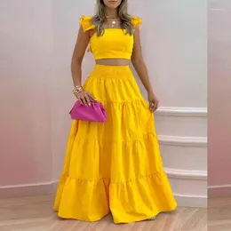 Vestidos de trabalho 2024 feminino conjunto de duas peças de cor sólida moda verão estilo feminino babados suspensórios plissado volta colheita topo e saia longa