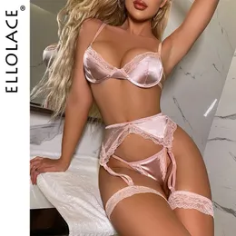 Ellolace Wetlook Lingerie Dantel Patchwork Fantezi iç çamaşırı kadınlar sansürsüz push up sütyen erotik samimi 4pri parça jartiyer seti 240127