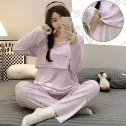 Outono inverno mulheres grávidas pijamas conjunto bonito o-pescoço amamentação roupas de bebê terno manga longa enfermagem pijama homewear 240119