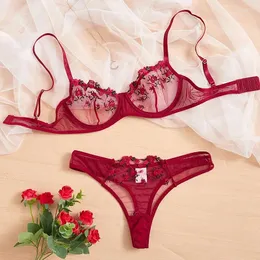 Bras Sets 2pcs Lingerie Sexy Floral Embroidery Underwear For Women Girls Transparent Ultra-thin Lace Bra & Brief Sweet Fairy Set