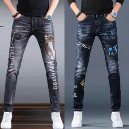 Herrens högkvalitativa stretch denim Pantslight Luxury Slimfit tryckt jeansorean version skrapade tvättade mens avslappnade jeans; 240131