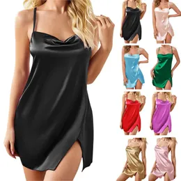 Damen-Nachtwäsche, Damen-Mini-Nachthemd, sexy Satin-Seide, Schlitz-Pyjama, Damen-Spaghetti-Träger, Nachthemden, Nachtkleid, einfarbige Nachtwäsche