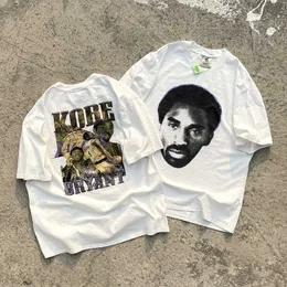 Herrt-shirts vintage hyllar Kobe Kobe Portrait Direct Spray Printed Short Sleeved VTG Washed and Distressed Trendy T-Shirt för män