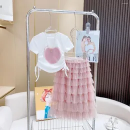 مجموعات الملابس البيع بالتجزئة 2024 Baby Girls Teenage Summer Fashion Letter Love Pattern T-Shirt Mesh Cake Virts 3-9 T