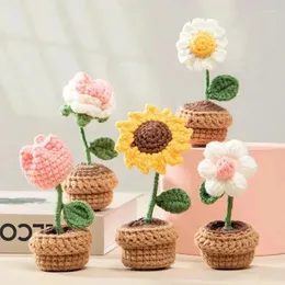 Flores decorativas de malha à mão girassol tuilp flor crochê vasos de plantas caseiras decoração de vaso acabado