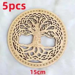 Bord Mattor 5st/Lot 15cm Tree of Life Chakra Flower Natural Symbol Wood Carved Coaster Home Kitchen Decor Creative Mönster