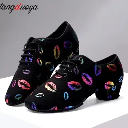 Ballroom Heel Sneakers 892 High Latin Dance Woman Black Close Toe Dancing Shoes For Women Lip Print 240125 562