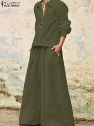 Pantaloni a due pezzi da donna 2024 ZANZEA Moda Set di tute urbane Abiti da donna Primavera Magliette a maniche lunghe Gamba larga Abiti larghi solidi