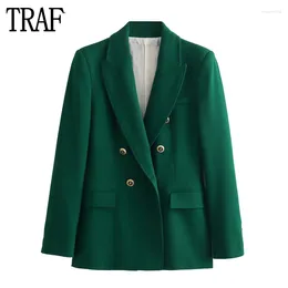 女性のスーツTraf Green Blazer女性のためのダブルブレストのテーリング秋のオフィスジャケットコート長袖女性