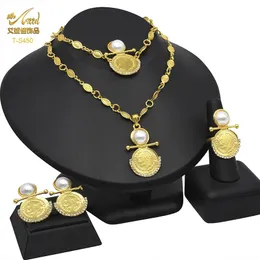 ANIID Coin Dubai Gold Color Jewelry Sets For Women Bridal Pearl Necklace Bracelets Earrings Ring 4Pcs Wedding Collection Set 240123