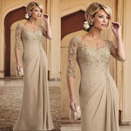 Champagne Mother Of The Bride Dresses 3/4 Sleeves V Neck Chiffon Appliqued Lace Beaded Mother's Dresses For Arabic Black Women Wedding Guest Outfit Gowns AMM052