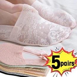 Women Socks 5Pairs/set Sexy Lace Floral Anklet Female Basic Summer Invisible Anti Slip Sock Lady Home Floor Slipper Boat