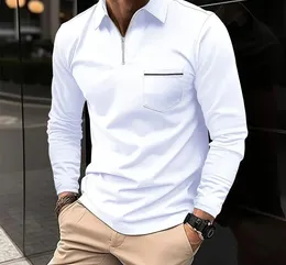 Polo Tshirts for Men Fashion Versatile Casual Solid Color Zip Pocket Long Sleeved Sports Loose Fitting Shirt Autumn 2023 240122