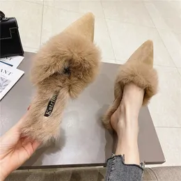 lazysealern Square Heel Ware Real Rabbit Hair Slippers Winter Plained Toe Luxury Fur Square Heel Lady Mujer Indoor Slides 240118