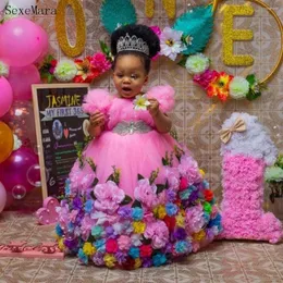 Abiti da ragazza Abito da ballo rosa Abito per il primo compleanno delle ragazze Cintura con perline Principessa Fiore Lunghezza pavimento Tulle Poshoot natalizio