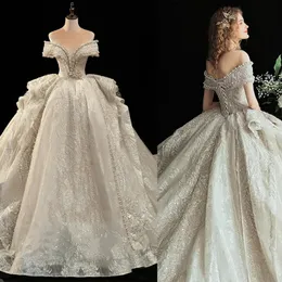 Нестандартный размер Высококачественное великолепное элегантное бальное платье Свадебные платья Блестящая жемчужная кружевная аппликация с v-образным вырезом и плечами Свадебные платья со шлейфом Vestido De Noiva