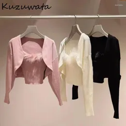 Kvinnors stickor kuzuwata solid lång ärm Sling set jumper fyrkantig krage söta färska casual tröjor japansk stickad modedräkt dra femme