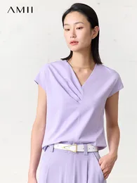 Women's T -skjortor amii minimalism v hals chic skjorta kvinnor 2024 sommar raka tees korta ärmar kontor lady elastic casual topp 12342207