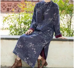 Sahne Wear Nian Jiangnan Ramie Art Retro Possing Kış Peluş Kalınlaştırılmış Elbise Çin Orijinal Pamuk ve Qipao
