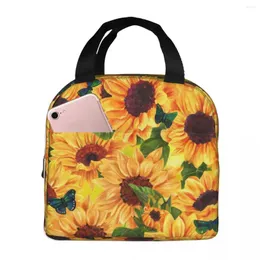 Lunchtasche mit Sonnenblumen- und blauen Schmetterlingsmuster, isoliert, mit Fächern, wiederverwendbarer Tragegriff, tragbar, für Kinder, Picknick, Schule