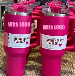 QUENCHER H2.0 40OZ Mugs Cosmo Pink Parade Tumblers Insulated Car Cups Stainless Steel Coffee Termos Tumbler Valentine's Day Gift Pink Sparkle GT0206