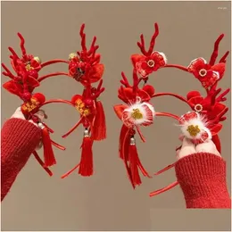 Acessórios de cabelo Dragon Horn 2024 Feliz Ano Headband Tassel Hairpin Red Bow Estilo Chinês Hairband Drop Delivery Bebê Crianças Maternidade Oteoi