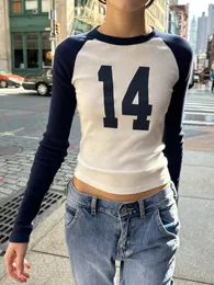 Американская винтажная тонкая футболка с длинным рукавом с принтом 14, женская летняя повседневная футболка с круглым вырезом, топ, милая уличная одежда, футболки Y2k, топы 240124