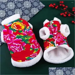 Cat Costumes Pet Clothes Button Design Red Flower Print Cotton Coat Comfortable Dogs Cats Winter Clothing Supplies Drop Delivery Home Dhzbc