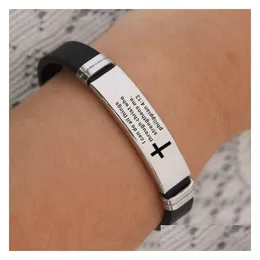 Identification Mens Stainless Steel Tag Bible Cross Bracelets Black Sile Women Men Wristband Bangle Cuff Fashion Jewelry Will And Sa Dhhhs