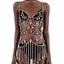 Womens Tassel Rhinestone Sexy Body Chain Top Crystal Bra Shiny Bikini Belly Waist Chain Belly Dance Skirt Rave Dress Lingerie 240127