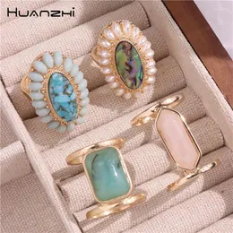 Cluster Anéis Huanzhi Geométrica Oval Moda Flor Colorida Pedra Natural para Mulheres Meninas Abalone Shell Vintage Personalidade Liga 2024