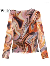 Женские блузки Willshela, женская модная Тюлевая плиссированная блузка с принтом, винтажная женская шикарная блузка с круглым вырезом и длинными рукавами