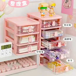 Kawaii desktop papelaria caixa de armazenamento organizador gaveta caneta titular maquiagem cosméticos mesa de plástico bonito 240125