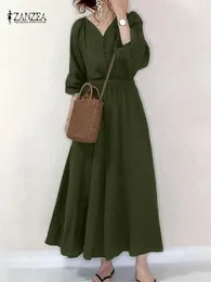 Sıradan Elbiseler Femme V Boyun Uzun Kollu Zarif Sundress 2024 Zanzea Yaz Kadınlar Katı Elbise Bohem Drawstring Tatil Kaftan