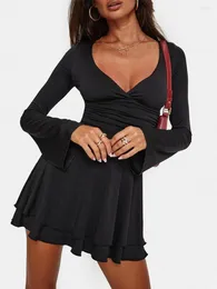 Casual Dresses Doury Women Mini Dress Long Sleeve V Neck Pleated Solid A-line Fall Cocktail