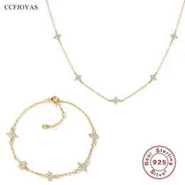 CCFJOYAS 100 ٪ 925 Sterling Silver Small Fresh Five Flower Zircon Neckleace Bracelet Simple Corean Gypsophila Jewelry Set 240119