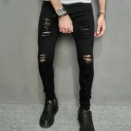 Streetwear Erkekler Şık Delikler Siyah Skinny Jeans Erkek Bahar Jogging Sıradan Kalem Denim Pantolon Erkek Pantolonlar 240226