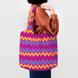 Shoppingväskor färg hem sicksack konst canvas väska tvättbar stor kapacitet livsmedel bohemiska moderna geometriska shoppare tote handväskor