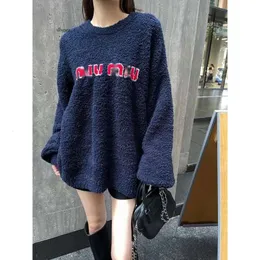 womens hoodie Autumn/winter New Blue Plush Letter Jacquard Round Neck Loose Lazy Pullover Sweater for Women in Fashion