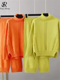 SINGREINY женские повседневные модные комплекты свитеров, водолазка, свободный толстый вязаный верх, эластичные широкие длинные брюки, зимние костюмы из двух предметов 240123