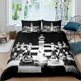 Sängkläder sätter Chess Board Däcke Cover 3D Roligt spel Set Black White Check Print Comporter King Queen Size Polyester Quilt