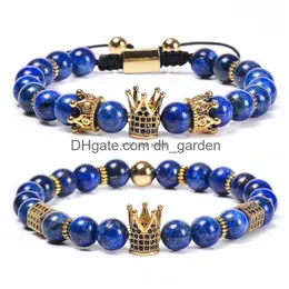 Frisado Pedra Natural Lapis Lazi Crown Pulseira Trançado Cobre Micro-Incrustado Zircão Diamante Pulseiras Bead Mulheres Homens Moda Jóias W Dhk3O