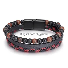 Charm Armbänder Einfache handgewebte Leder Stein Tigerauge Armband Armreif Manschette Armband Geflochtene Mtilayer Wrap Herren Hip Hop Mode J Dh2Xw