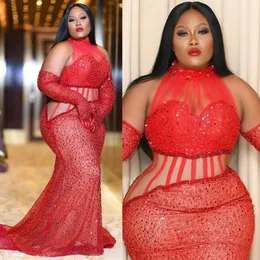 Plus size africano árabe aso ebi vestidos de baile halter sereia lantejoulas rendas vestidos de noite para mulheres negras vestido de aniversário segundo vestidos de recepção vestido de concurso AM388