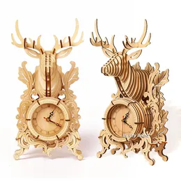 URY Creative DIY 3D Fawn Owl Clock Wooden Model Building Block Kit Assembly Toy for Kids Adult Desk Decoration Christmas Gift 240122