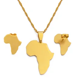 Africa Map Sets Pendant Necklace and Earrings 14k Gold African Maps Jewelry Set for Women Gitls