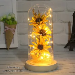 Artificial Sunflower in Glass Dome with Led Light Strip Enchanted Lamp Anniversary Romantic Gifts for Women 240131