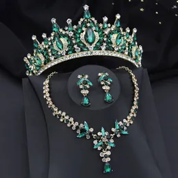 Green Crown Bridal Jewelry Sets for Women Tiaras and Necklace Earrings Prom Bride Wedding Dress Costume Accessories 240202